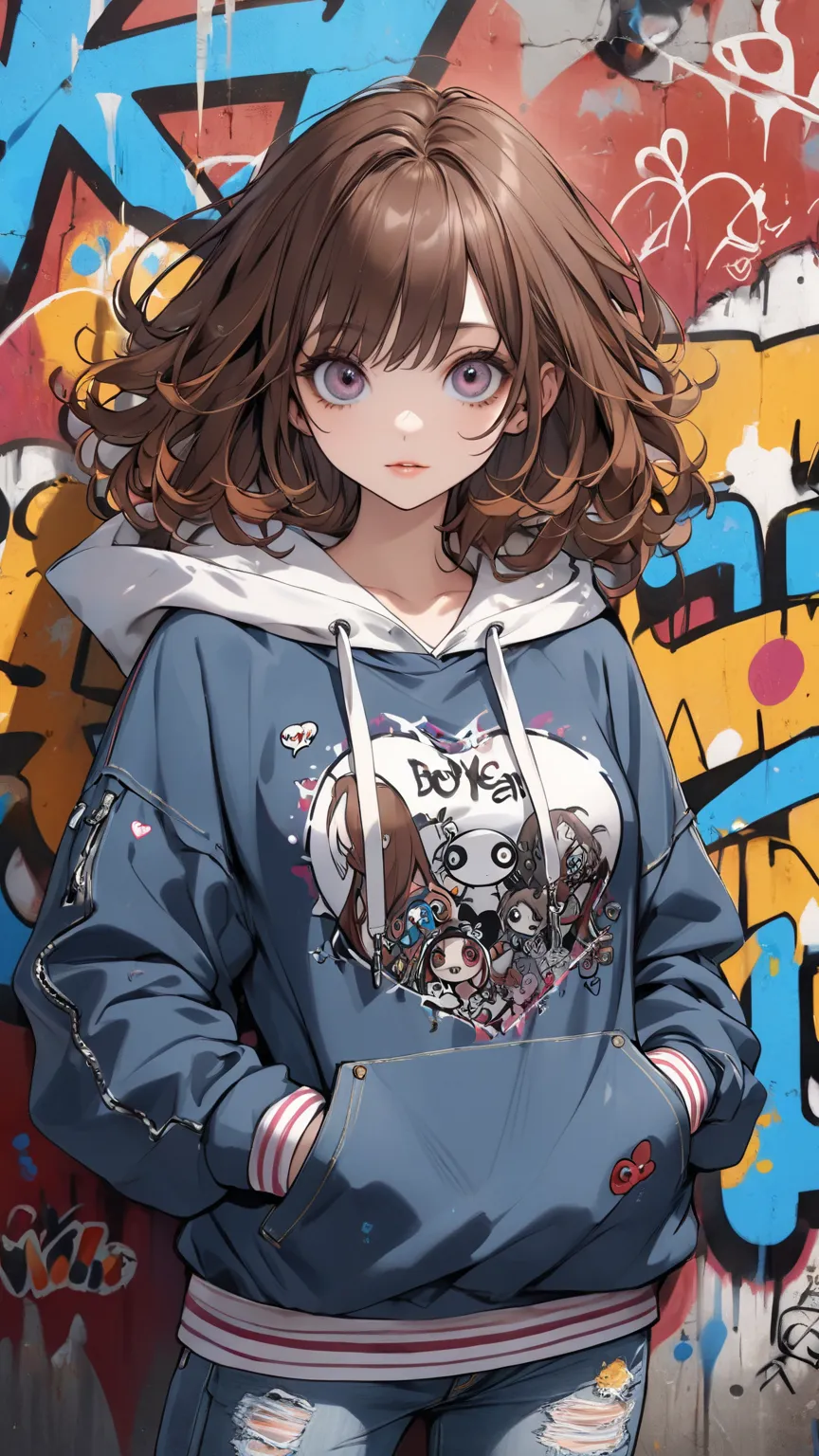  Tim Burton style、  graffiti 、pants（ denim ）、female、upper body、hoodie、brown hair