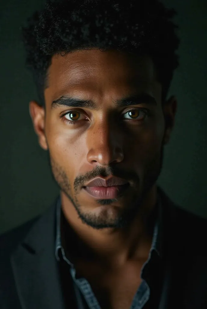 Mixed race man with hazel green eyes looking into the camera with Moody studio lighting 