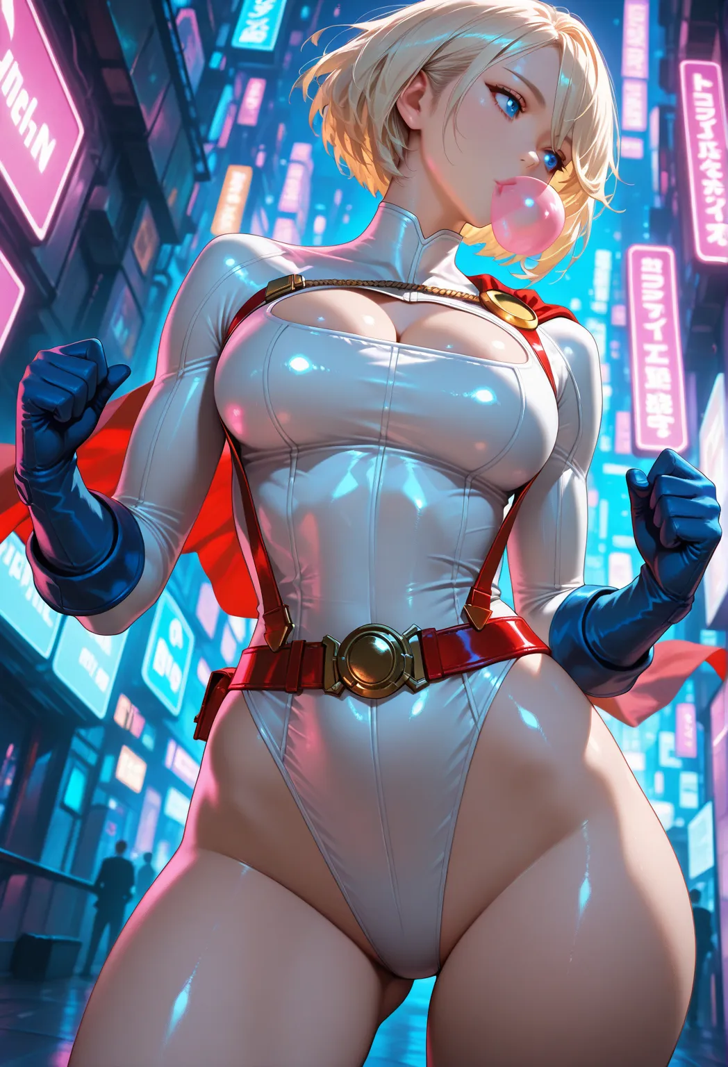 masterpiece, best quality, vibrant, very aesthetic, high contrast, semirealistic, newest,  
scenery, neon rim light, dark, 1girl, POWER GIRL, small to medium sexy breasts, wide hips, huge butt, white highleg transparent leotard, red belt, blue gloves, (neo...