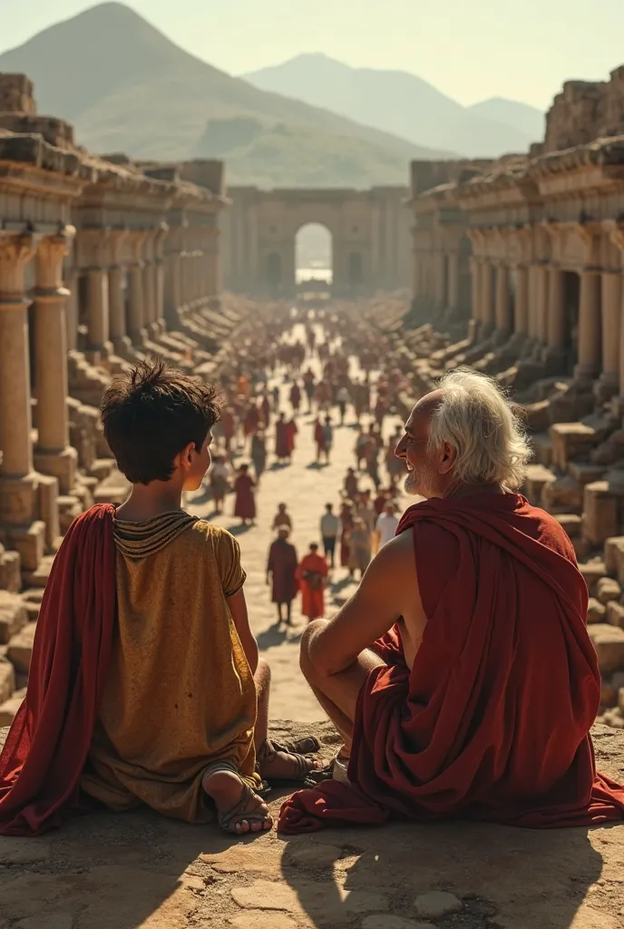 Narrative artistic photograph from above with dramatic tones of a preadolescent boy wearing a Roman tunic and sandals in ancient Pompeii, while behind him there is a market with merchants selling fruit and the boy is sitting next to an old man looking towa...