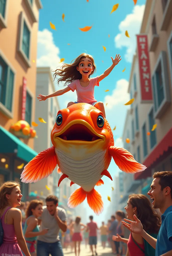 create a photo a girlfriend riding a fish running in the street around many happy people