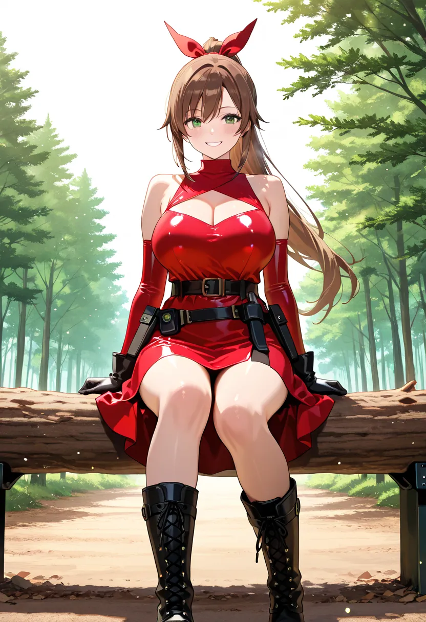 Forest background、 green eyes、Big Breasts、super realistic,high quality,Detailed,4K Rendering,white studio background with,Smiling face,A highly detailed, vibrant anime-style image in an extreme long shot of a luminous young female log builder in her early ...