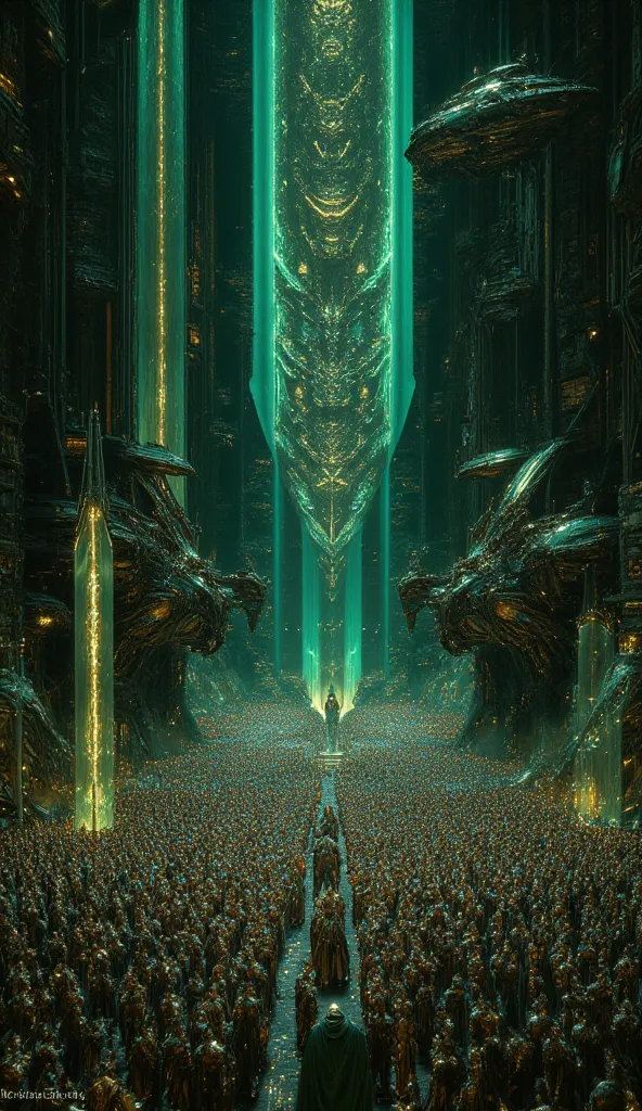 Beneath the towering Ethereal Spire, the Legions of Xyphor stand in perfect formation, their emerald-hued armor pulsing with bio-synthetic energy. Rows upon rows of warriors stretch across the grand Solarium Plaza, their disciplined stance unshaken as bann...