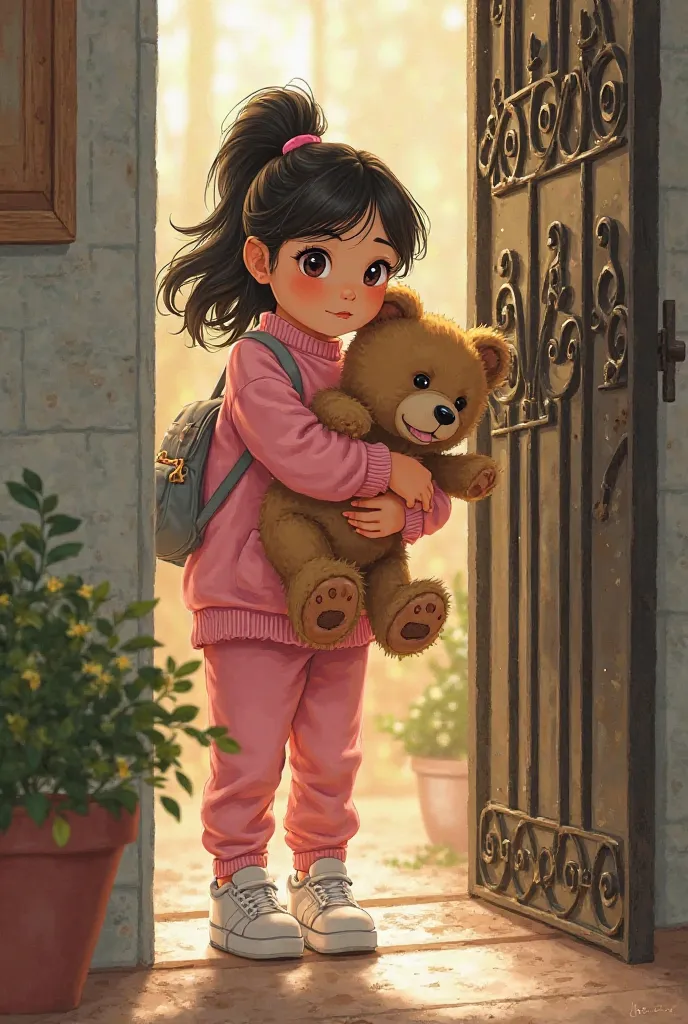 page 2: Miranda (a girl wearing pink sweater and pants with blue backpack) sneaking out with Mr. Bubba (her favorite teddy bear) illustration: a cozy home with an iron gate.