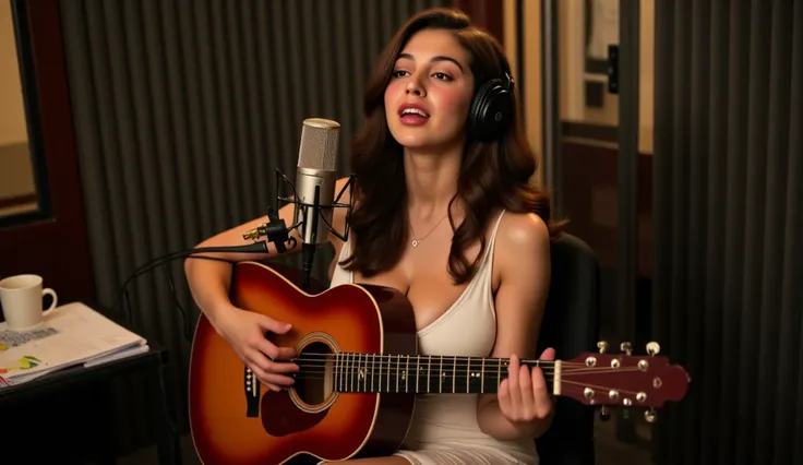 A young woman with long, wavy brown hair and fair skin, She wears a delicate spaghetti strap white dress, sitting in a professional recording studio, playing an acoustic guitar and singing with deep emotion. She wears high-quality studio headphones, her fi...