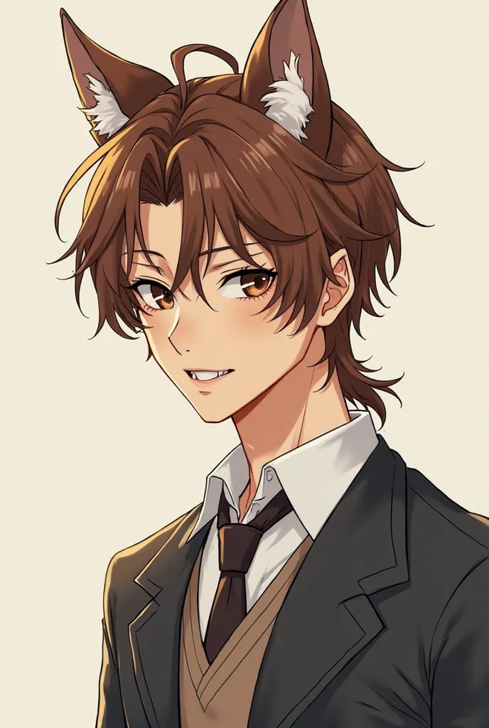 Manhwa style image of a man with messy chesnut brown shoulder length hair, honey skin, wearing a japanese school uniform, lithe yet fit body, prominent canines, and wolf ears atop his head with no human ears. He will look like the male lead of a romance ma...