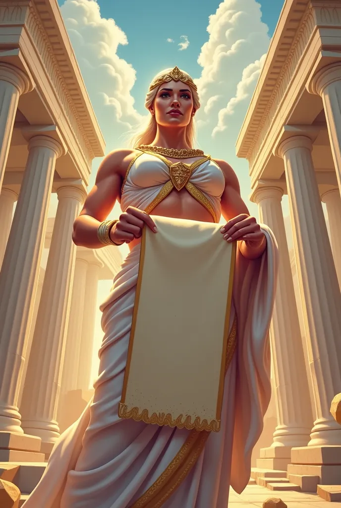 Greek goddess is standing face to face in her hands she has a poster-like scroll in the background a cartoon-like Greek temple