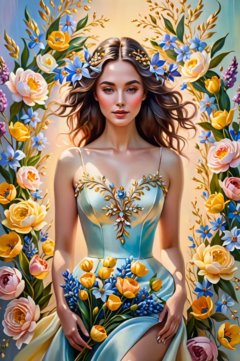 a beautiful floral composition in the form of a female symbol, Delicate image, playful ,suave,feminine,exquisite,elegant,majestic,scenic,atmospheric,4K,8k,photo-realistic,studio lighting,vivid colors,pastel palette,soft tons, subtle movement ,soft petals,g...