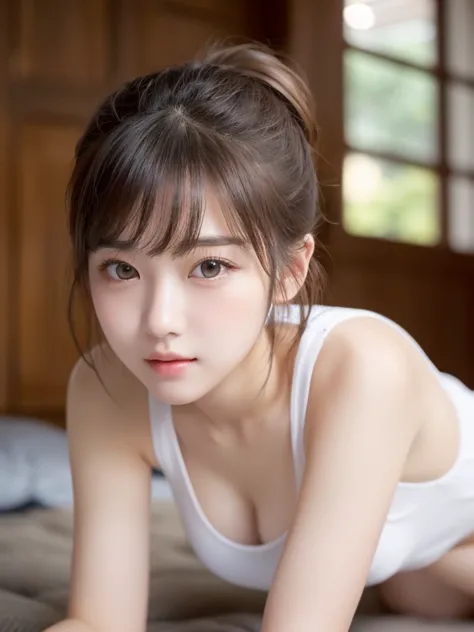 ((8k、 sharp、masterpiece、Top Quality、 Realistic 、perfect face、Xiaoyan、 very beautiful faces、so cute、 white skinで可愛い、 white skin、on all fours))、 Age 19、ponytails for beautiful people、tank top that is too big compared to the body，There&#39;s a gap in my chest...