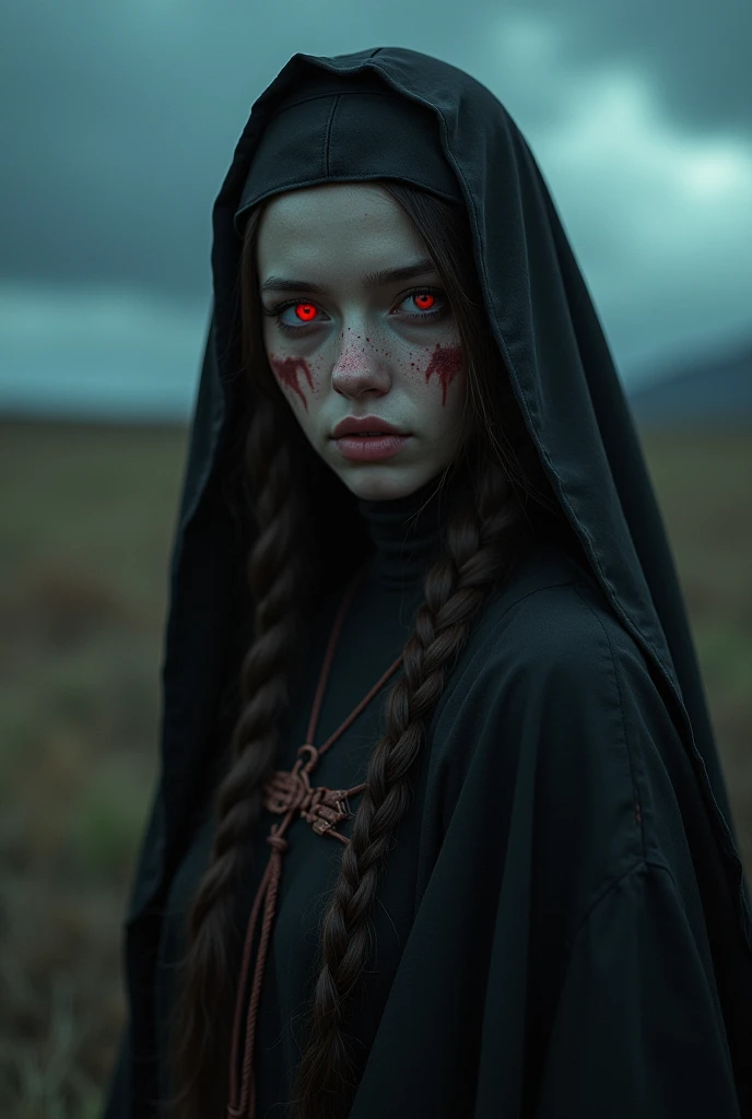  a girl,Dark Nun,looking at the spectator,red eyes,High resolution,High resolution,Damaged,from below,with tattoos, desolate landscape ,thunderstorm,4k,woman,Foto-realista,studio lighting,physics-based,grim color palette, picturesque