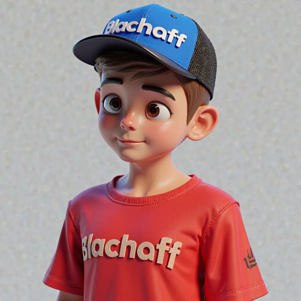 3D ager posing as a model from the waist up, wearing a blue and black cap with a logo that says BLACHOFF, a red shirt with a logo that says BLACHOFF 