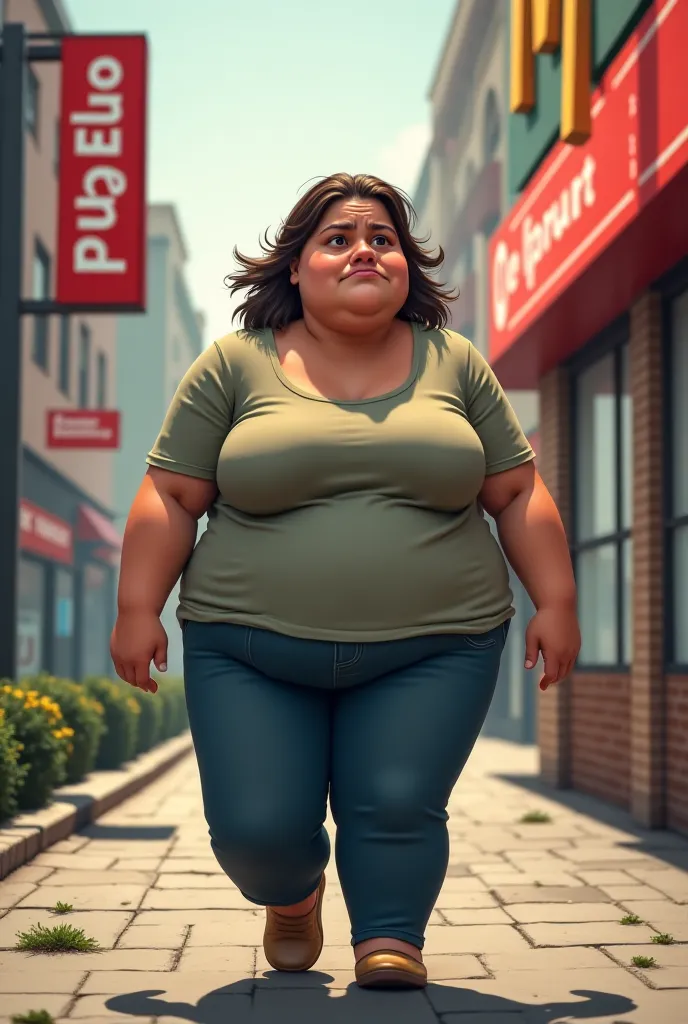 The same girl but overweight, walking sluggishly toward the fast-food joint.