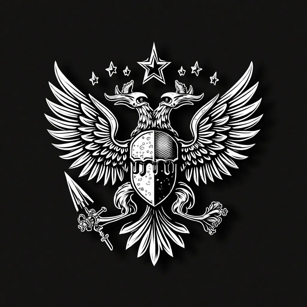 Create a monochrome vector emblem for a Russian Mafia. The design must be a solid 2D silhouette without gradients or colors, Em Full HD ( 2048x2048 ). I want a main element the nautical star 