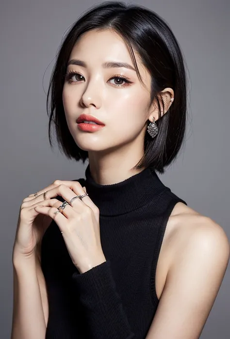 Ａ

「beautiful Japanese woman in half style、short bob black hair、sharp face line、 Attractive Big Eyes 、 celebrating confidence 、from above、urban and sophisticated fashion（mode black turtlenecks or simple dresses）、 cool and confident expression 、The backgrou...