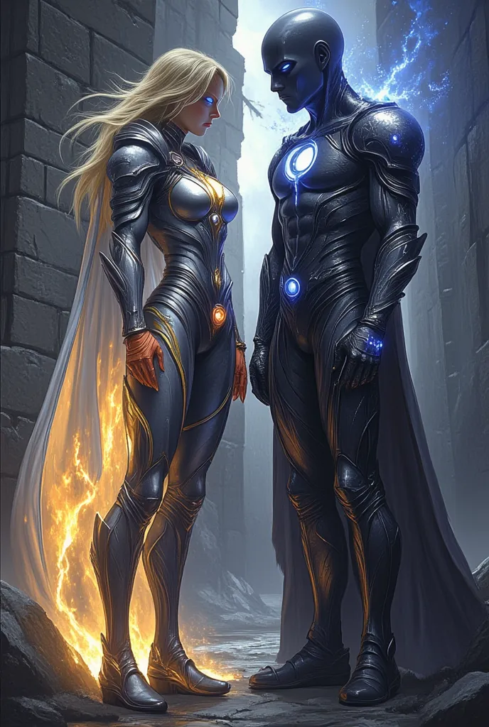  Here is a description of a couple of superheroes:

*Name:* Aurora e Eclipse

* Aparência:*
Aurora is a tall and athletic woman, with blond hair and bright blue eyes. She wears a silver and blue uniform, with a sun symbol on her chest.
Eclipse is a tall, m...