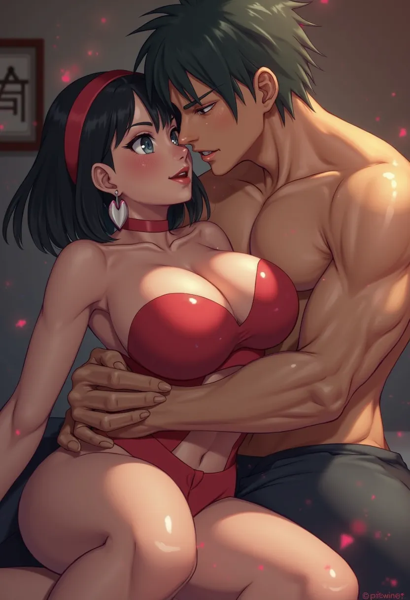 Erika_(pokemon), 1girl, bob_cut, short_hair, black_hair, parted_bangs, hairband, red_hairband, grey_eyes, eyelashes, bare_shoulders, armpits, heart_earrings, collarbone, sweat, sweatdrop, thighs, thick_thighs, wide_hips, large_breasts, nipples, lactation, ...