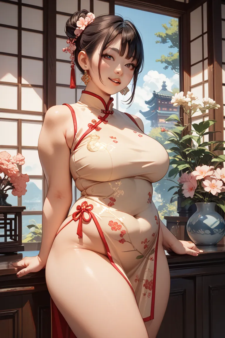 A tall, plump Asian woman wearing a cheongsam