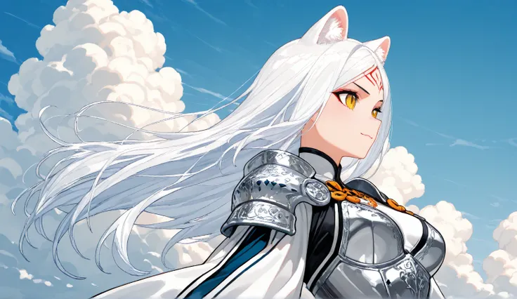 A tall, white-haired girl with dog ears and a Japanese facial appearance is captured mid-air, leaping dynamically against a backdrop of towering cumulonimbus clouds. She wears a beautifully crafted Western-style suit of armor, intricately designed with eng...