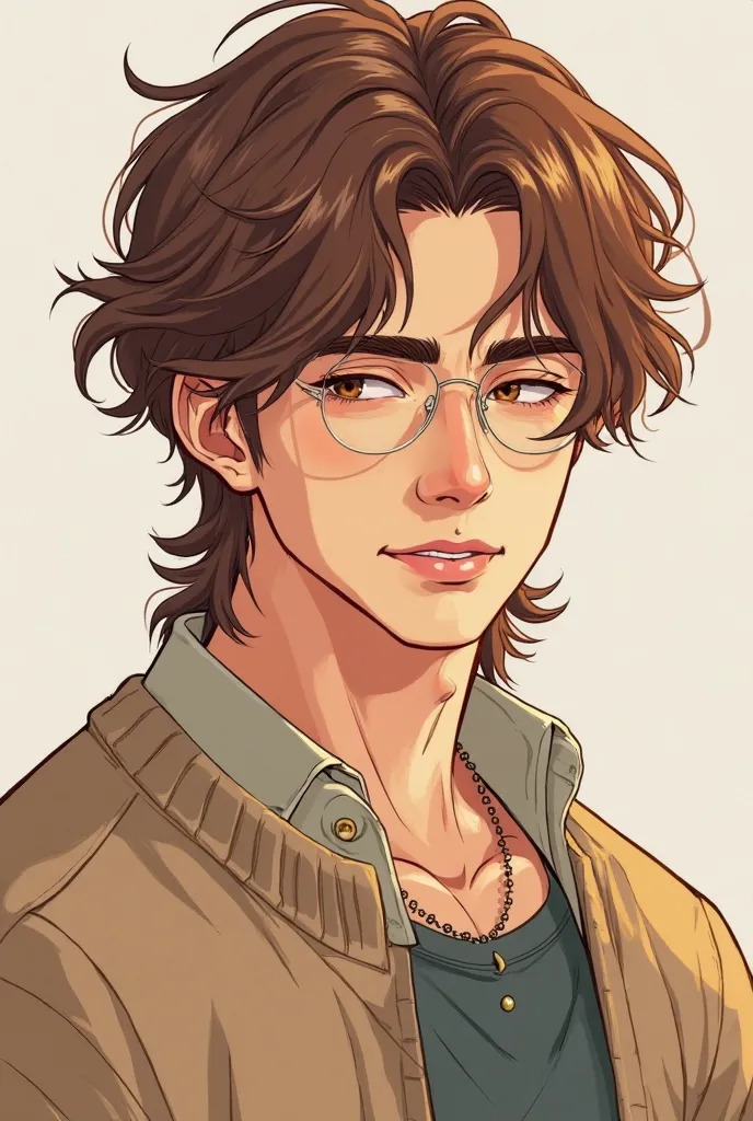 Manhwa style image of a man with messy chesnut brown shoulder length hair, honey skin, wearing a casual long-sleeved cardigan, lithe yet fit body, and prominent canines. He will look like the male lead of a romance manhwa. Masculine yet a little pretty