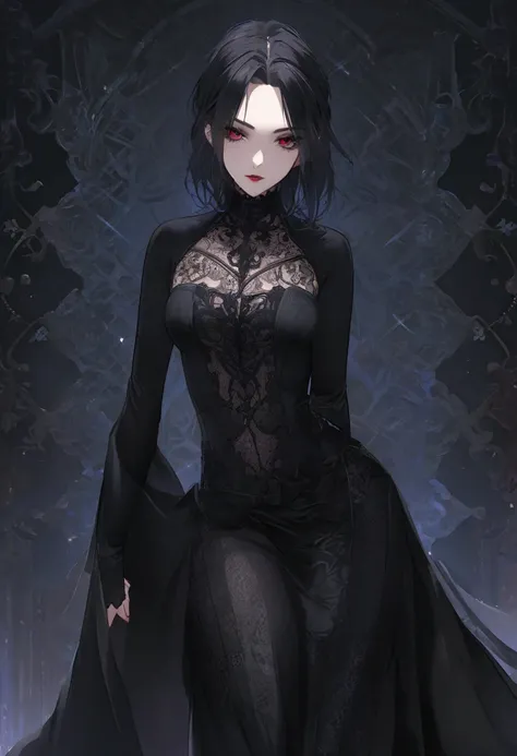 "Create an anime-style image of a character with a gothic theme. She has very long, black hair, and her outfit is a form-fitting black bodysuit with intricate lace patterns, highlighting her dark elegance. The black magic tattoos and long black cloth that ...