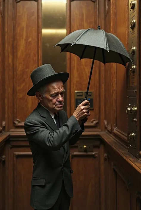 A very small man in an elevator touches the button on floor number 10 with the tip of an umbrella, because the buttons are too tall