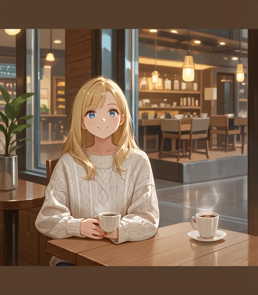 Masterpiece, hd, 1girl, 2d, blonde hair, blue eyes, long hair, wearing sweater, macbook, a cup of coffee, Sitting, indoor,cafe, smile