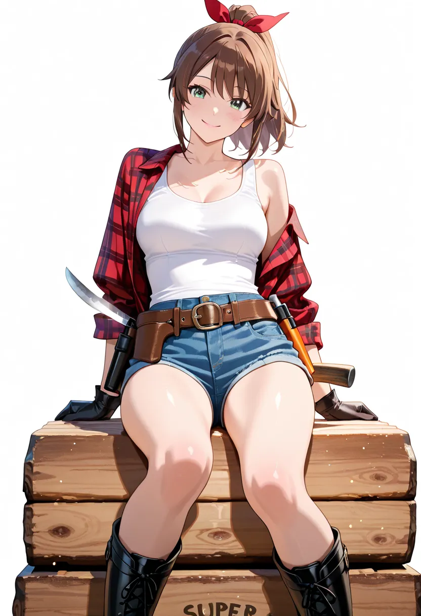 Forest background、 green eyes、medium breasts、super realistic,high quality,Detailed,4K Rendering,white studio background with,Smiling face,A highly detailed, vibrant anime-style image in an extreme long shot of a luminous young female log builder in her ear...