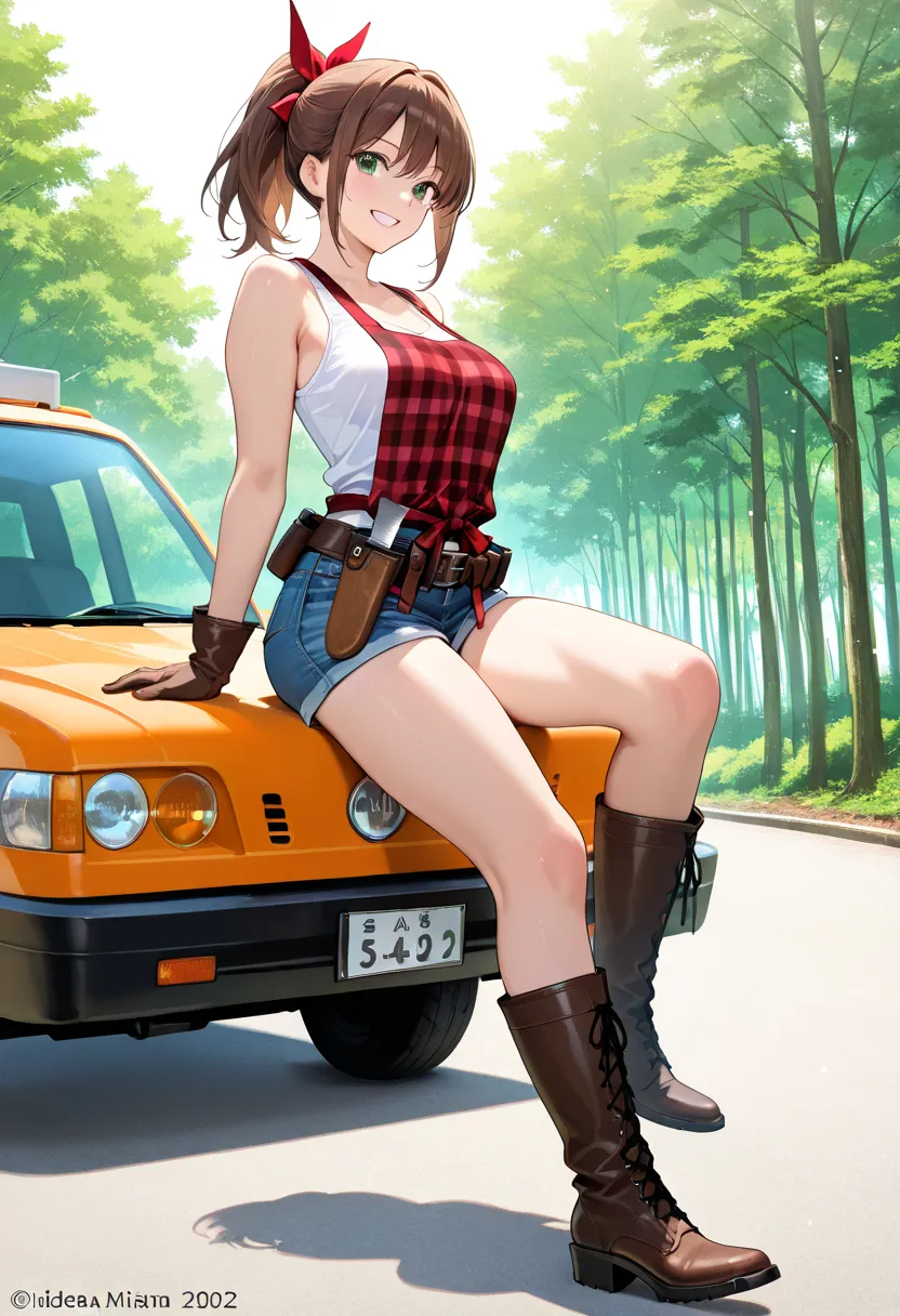 Forest background、 green eyes、medium breasts、super realistic,high quality,Detailed,4K Rendering,white studio background with,Smiling face,A highly detailed, vibrant anime-style image in an extreme long shot of a luminous young female log builder in her ear...