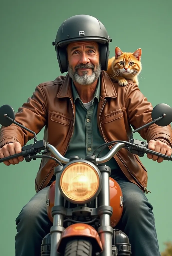 Father of cat wears helmet and brown jacket riding motorbike. plain green background