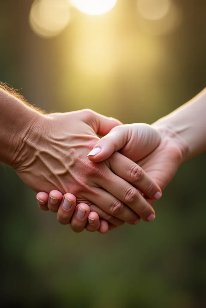 "Two hands of different ages holding each other firmly — an elderly and wrinkled one, another young and full of life. The blurred background brings a soft light, representing the transmission of love and faith across generations."