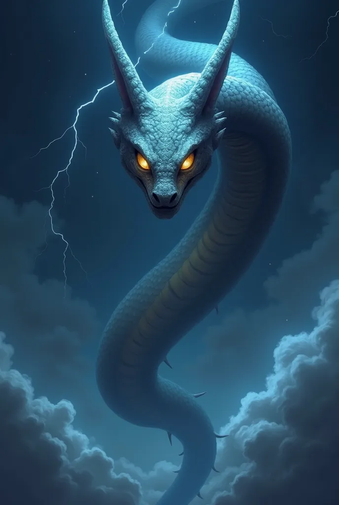 A cover image showing a fantasy beast from the front that is shaped like a giant snake with long ears floating in the sky. It has yellow eyes and thin pupils like those of a cat.. Its body is covered with shiny gray scales and is very long. This giant snak...