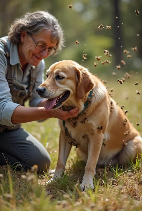 Most of the bees are now removed, and the dog's fur is visible again. It looks exhausted but relieved, its tongue slightly sticking out as it pants. The rescuer kneels beside the dog, doing a careful check for any remaining bees or stings. Some bees are re...