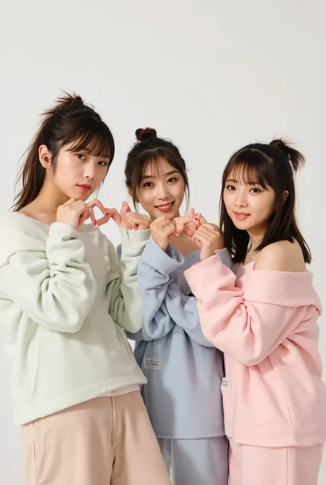 cute smiling women are cute, fluffy off-shoulder pajamas, make a big heart with both hands , posing with arms in front of chest, View above the collarbone、 has a monotone background