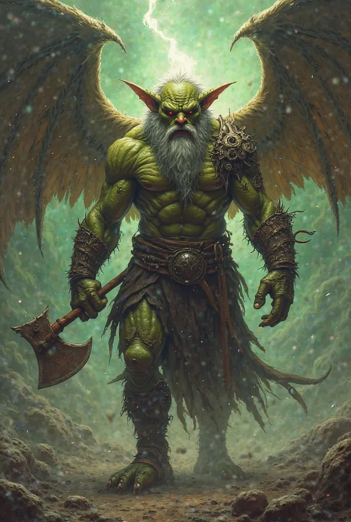 Create for me a fusion between a 2 meter goblin and a bearded man that gives me a creature with 4 arms and wings, each arm with a weapon:An ax sword throws and clubs everyone with evil power and with the power of light 