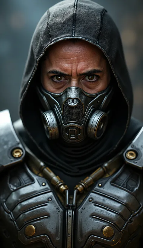 Super realistic ROBERT DOWNEY JR as Kabal, focused on the upper body, with a shiny metallic outfit and impactful details, and a striking background: "Hyper-realistic Close-up of ROBERT DOWN as Kabal, the ruthless sprinter and former member of the Black Dra...