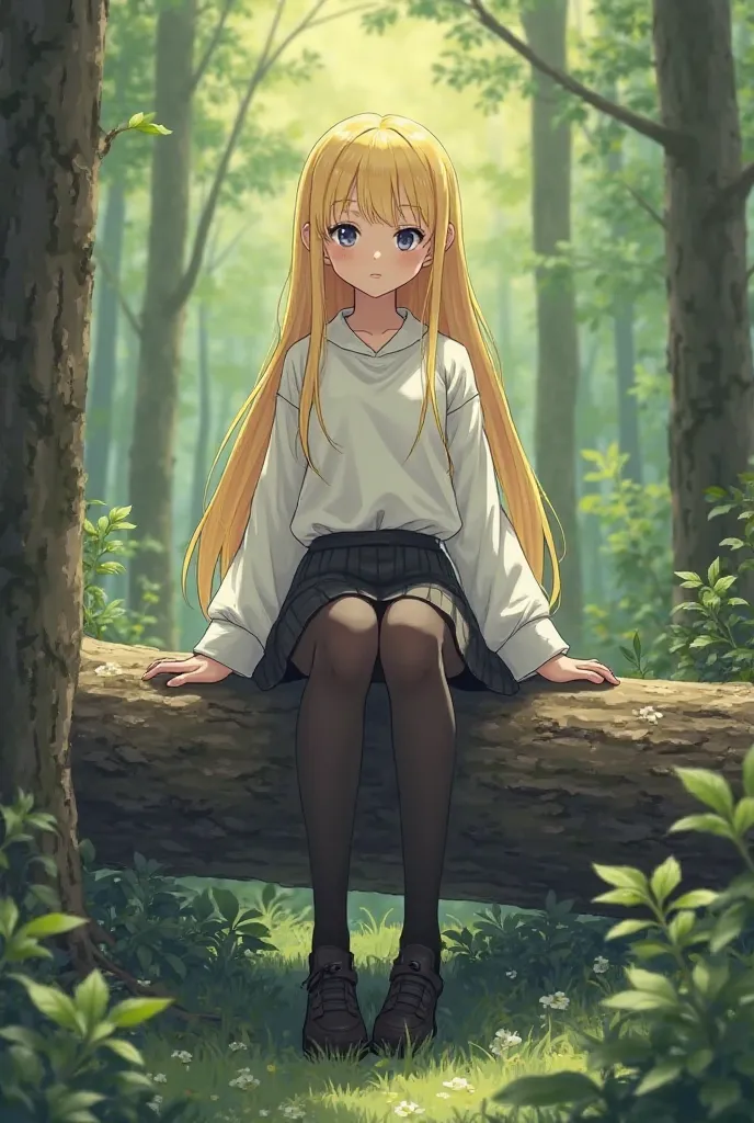 16-year-old blonde girl with arms and long legs wearing a white long-sleeved shirt and a short black skirt and black shoes with black tights sitting on a log in the Manhwa style forest by Solo Leveling