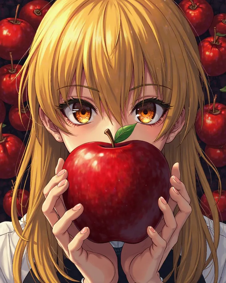 a woman holding an apple in front of her face, colored manga art, sun-ken rock, background of poison apples, light yagami, realistic anime style at pixiv, hyacinthe rigaurd, semirealistic anime style, realistic anime artstyle, realistic anime art style, ak...