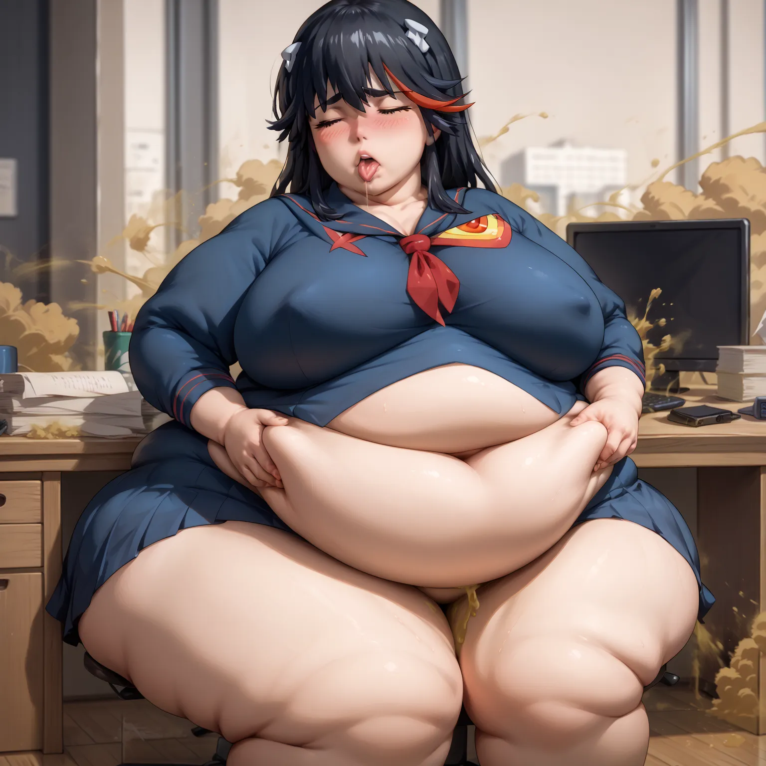 big belly, huge breasts, wide hips, sitting at desk, -fatanime fondling belly, matoi Ryoyuko kill la kill,fart, farting, brown gas lines, blushing , at work in office, French kissing other worker 