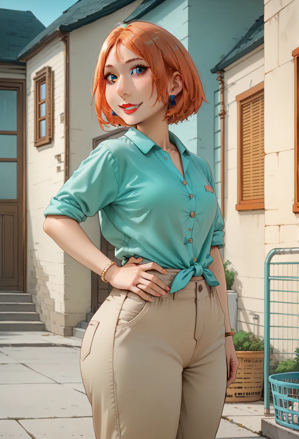 lois,1girl,big ass,wide hips,sexy,blue earrings, jewelry, short hair, solo, lipstick, makeup, orange hair, aqua shirt, beige pants,looking at viewer, smile, outdoors,hand on own hip,  score_9, score_8_up, score_7_up, score_6_up, score_5_up, score_4_up