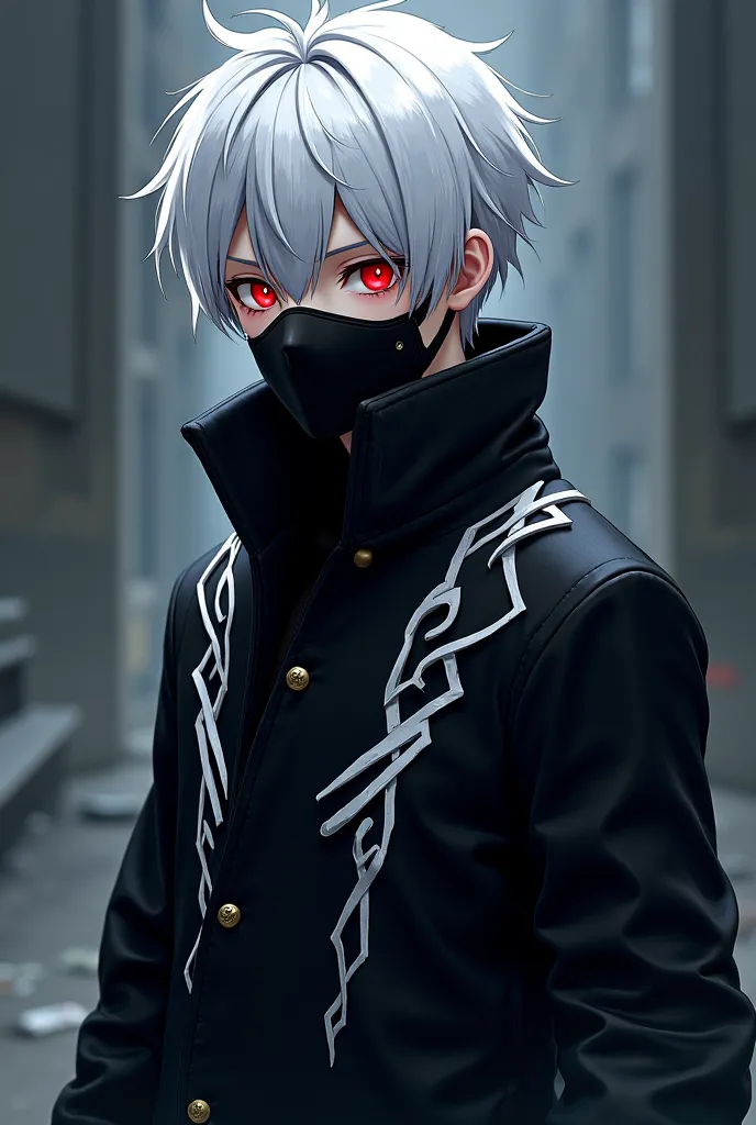 create a age boy with white hair and bright red eyes with a black mask on his face, And an all-black overcoat with a dark anime-style white cover