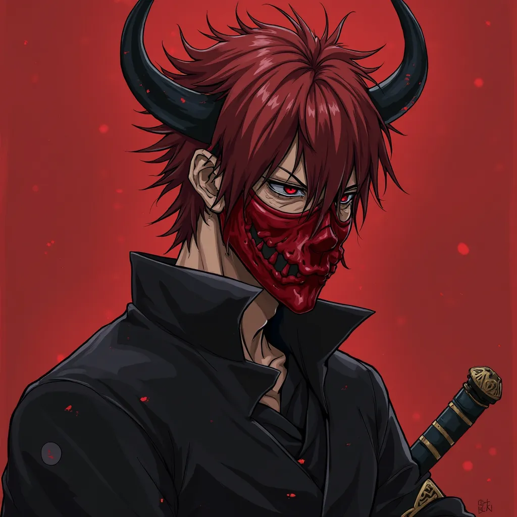 an anime character with red hair and a black shirt, jujutsu kaisen, villain wearing a red oni mask, handsome guy in demon slayer art, dark phantasy, demon slayer, joker looks like naruto, tensei shitara slime datta ken, akatsuki akira, ufotable studio art ...