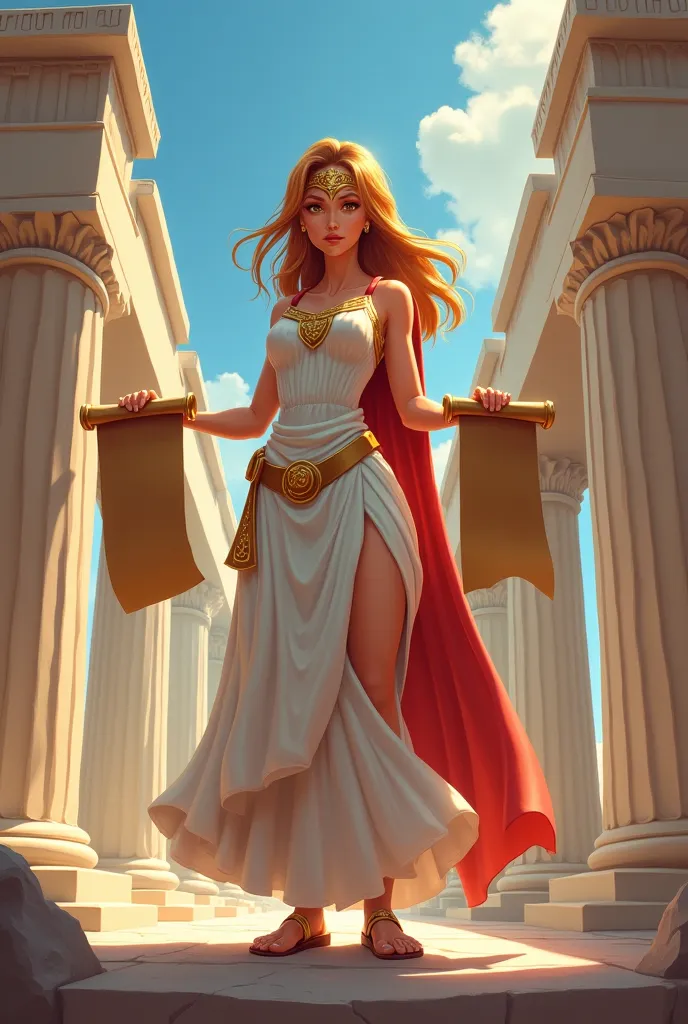 Goddess Athena is standing face to face in her hands, she has a poster-like scroll in the background, a cartoon-like Greek temple