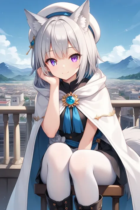 masterpiece, best quality, anime style, 1girl, cute girl, wolf girl, wolf ears, smile face, short hair, silver hair hair, silver eyes, wolf tail, white beret, white long cape, rest of the clothes in blue and black, pantyhose, black boots, standing, looking...