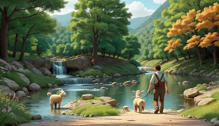 "The shepherd carries the little lamb back to the flock, walking through a beautiful valley with flowers and a peaceful river flowing nearby."