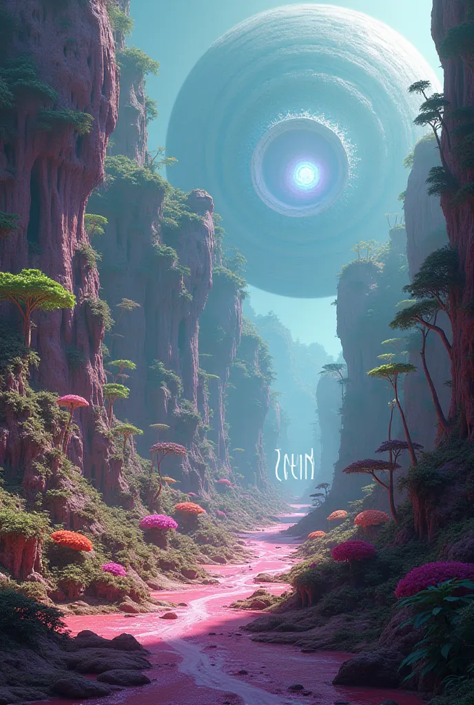 
Create an image with the name Lalin on a distant planet full of alien flora and fauna, the name LaLin