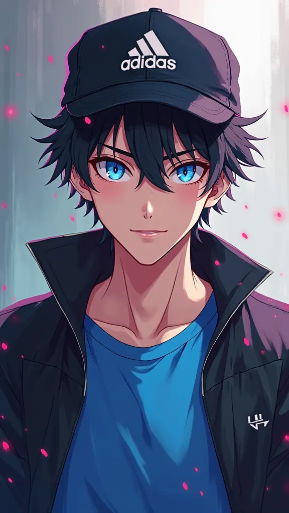 adult anime man with black hair and pink sparkles and with black jacket and blue shirt and blue eyes with Adidas cap 