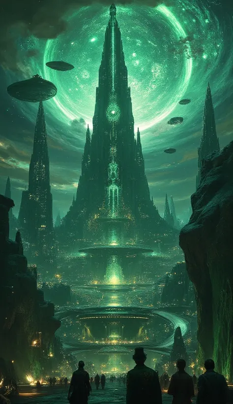 The Celestial Dominion of Xyphor rises from the emerald-hued terrain like a vision of power and precision, its colossal spires forged from bioluminescent alloys, pulsing softly with the lifeblood of the planet. Towering citadels stretch toward the swirling...