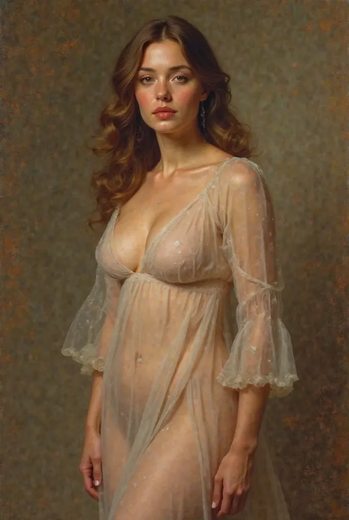  A painting drawn in the style of Raphael,  a beautiful Caucasian woman with big breasts dressed in a transparent dress.