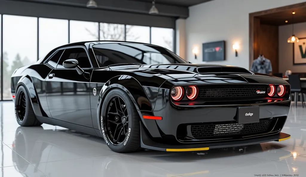 create an ultra-detailed 3D render close ( front left view) view, of a modern ( 2025 Dodge Demon ) with a bold designy  looking long like limousine captured from close (front left view) view. The car should feature a 'Gleamy oily  black 'color and black ac...