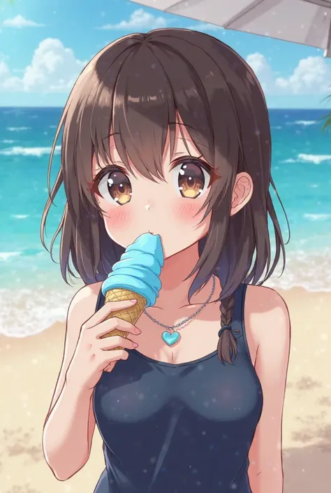  , white skin, dark brown hair, hazel eyes, cute,  past shoulders long length hair, wearing a navy blue top, and a silver necklace with a heart, beach background,  cartoon anime kawaii eating blue ice cream